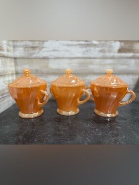 3x vintage Anchor Hocking Fire King SWIRL Peach Lustre sugar bowls & lids